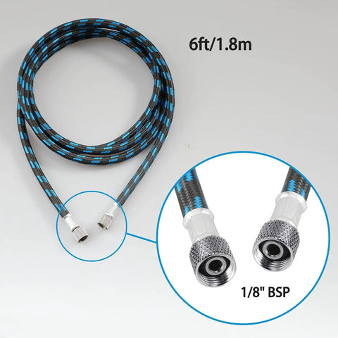 Six Foot Nylon Braided Airbrush Hose With Slick Zero Drip Airflow And Dual 1/8 Inch Ports Plus 1/8 Male To 1/4 Female Fitting.