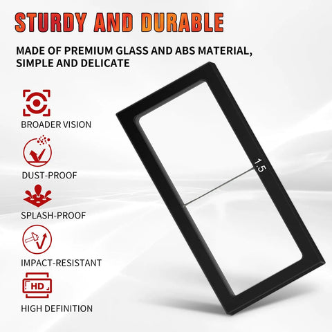 2 Pack Welding Helmet Glass Magnifier Lens With 1.5 Power Swap for detailed visibility, made of premium glass and ABS material.