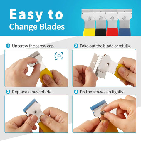 Instructional guide showing blade replacement for Razor Blade Scraper Kit With Four Scrapers And Forty Replacement Blades Metal And Plastic