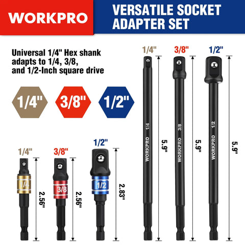 Impact Grade Socket Adapter Set With Case, Quarter Inch, Three Eighths Inch, And Half Inch Drive, Swivel And Long Extensions