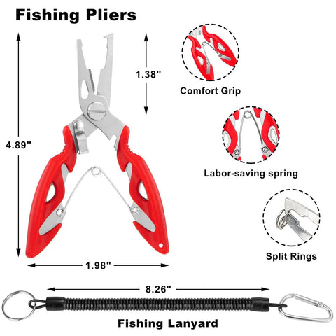 Red and silver fishing pliers with dimensions, comfort grip, labor-saving spring, split rings, and lanyard attachment.