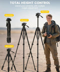 Go To Camera Tripod With Rapid Leg Deployment For DSLR, iPhone And GoPro, varying heights with user outdoors on sand.