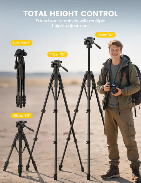Go To Camera Tripod With Rapid Leg Deployment For DSLR, iPhone And GoPro, varying heights with user outdoors on sand.