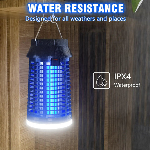 No-Fuss Indoor Outdoor Bug Zapper With LED Light hanging waterproof on wall showcasing IPX4 rating