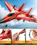 Foam RC Plane For Kids And Adults, Easy To Fly With Gyro Stabilizer, 2.4GHz Remote Control Jet Fighter, Beginner Friendly, Includes 3 Batteries For Long Lasting Fun, showcasing red design and durability features in flight