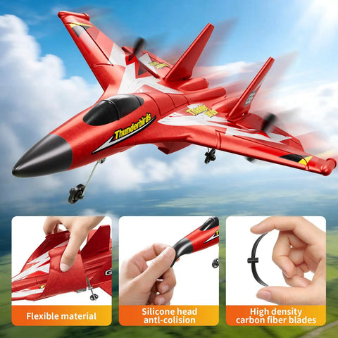Foam RC Plane For Kids And Adults, Easy To Fly With Gyro Stabilizer, 2.4GHz Remote Control Jet Fighter, Beginner Friendly, Includes 3 Batteries For Long Lasting Fun, showcasing red design and durability features in flight