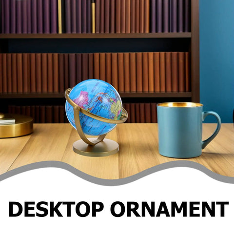 Rotating Desktop Globe With Stand 14.2cm Blue Frame Educational World Sphere next to tea cup