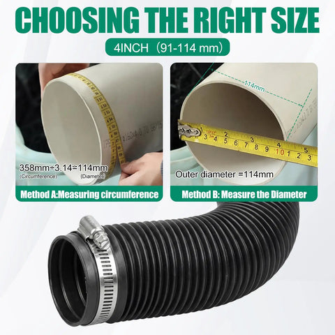 Image showing measurement methods for 4-inch pipes, highlighting the use of 30 Pack 4 Inch Stainless Steel Hose Clamps Beefy Heavy Duty Adjustable From 3-29/50 To 4-49/100 Inches 91-114 mm Worm Gear Clamps For Automotive Fuel Lines Air Ducts Dryer Vent Plumbing And Industrial Use.
