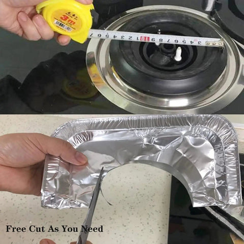 Thick 8.5 Inch Gas Burner Liners 50 Pack Disposable Aluminum Foil Stove Burner Covers being measured and cut for fit