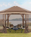 Pop Up Canopy Tent 10x12 With Mesh Walls Six Sides Gazebo Patented One Step Lock Tech in khaki and brown, setup on grass