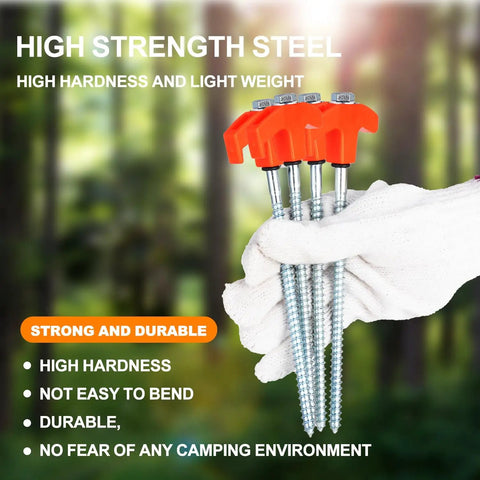 Heavy Duty 20 Pack Screw In Tent Stakes 8 Inch Ground Anchors With Hex Head Driver Carbon Steel Stakes held in gloved hand