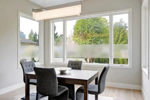 Privacy Glass Window Film Reusable Static Cling For Windows Doors Showers And Glass Surfaces 26 By 59 Inch Roll With Easy Align Gridlines in dining room