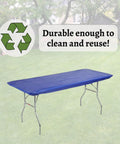 Elastic Fitted 8 Foot Rectangle Plastic Table Covers Set Of 10 30 By 96 Inches Royal Blue Lightweight Yet Durable Wind Resistant Party Table Liners With Self Adhesive Edges For Quick No Fuss Easy Setup shown installed on outdoor table