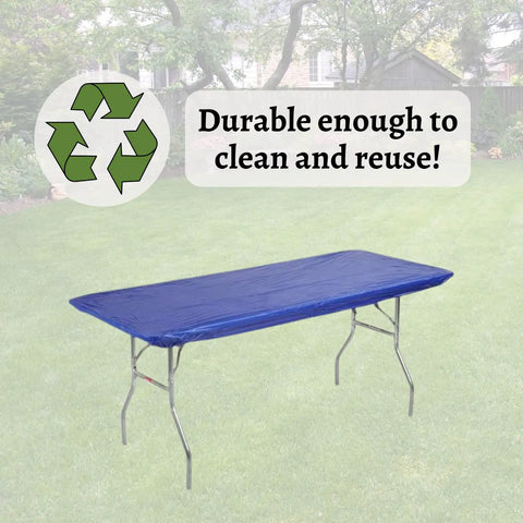 Elastic Fitted 8 Foot Rectangle Plastic Table Covers Set Of 10 30 By 96 Inches Royal Blue Lightweight Yet Durable Wind Resistant Party Table Liners With Self Adhesive Edges For Quick No Fuss Easy Setup shown installed on outdoor table