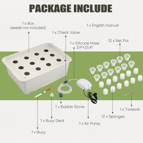 Package contents of Hydroponic Growing Kit With Air Pump 12 Hole Soilless Grow Box, including net pots and sponges.