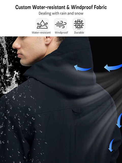 Side view of a man wearing the 3 In 1 Waterproof Winter Ski Jacket For Men With Fleece Liner Hood Black XL, showing its water-resistant fabric.