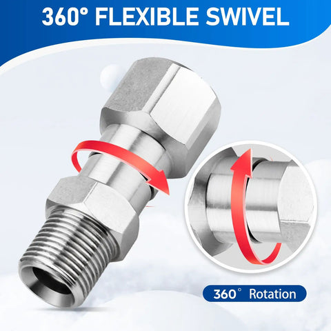 360 Degree Swivel Pressure Washer Fitting Three Eighths NPT Thread For Up To 5000 PSI Keeps Hose From Tangling No Fuss Kink Free Universal Connector For Easy Spraying And Smooth Cleaning stainless steel 3/8 NPT swivel fitting
