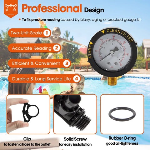 DearChan high-flow manual relief valve with pressure gauge for pool filter; black valve with clip, screw, and O-ring, 1 pack