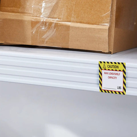 TopShelf Heavy Duty Pallet Rack Capacity Labels 100 Pack Featuring Durable 3X4 Inch Max Load Warning Stickers for a shelf with a box.