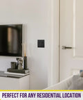 Decorator Two-Gang Wall Plate For Light Switch Or Receptacle Black Unbreakable Polycarbonate Thermoplastic in a modern living room
