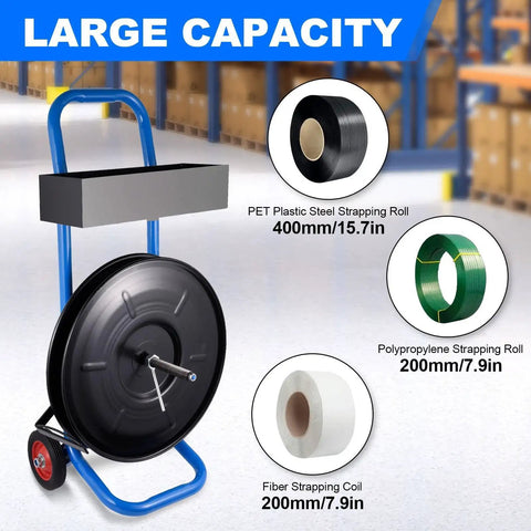 Heavy Duty Strapping Cart Dispenser For 16x16 And 8x8 Coils Movable Banding Machine With Brake System And Spacious Tray Keeps PET PP And Fiber Straps Neat And Ready To Roll Super Handy Easy Transport Cart, blue steel frame with wheels in warehouse