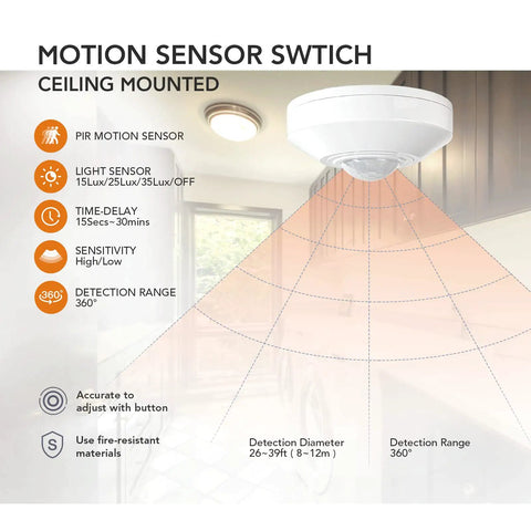 12 24V DC Ceiling Motion Sensor Switch With PIR Occupancy Detection, 360 Degree Coverage, 8-12 Meter Range, High Sensitivity