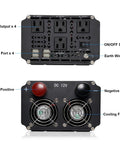 Heavy Duty 3000 Watt Power Inverter Converts 12V Dc To 120V Ac features four AC outputs, USB ports, cooling fans, and connection options.