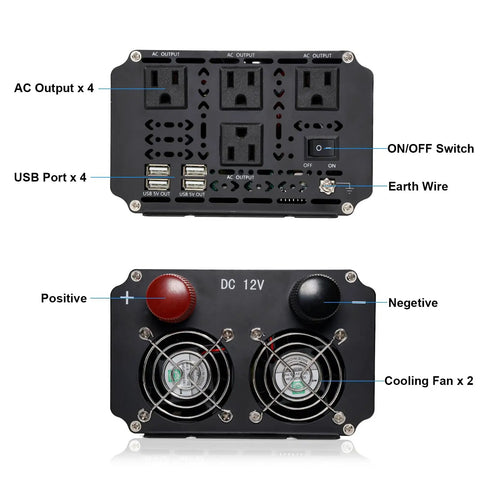 Heavy Duty 3000 Watt Power Inverter Converts 12V Dc To 120V Ac features four AC outputs, USB ports, cooling fans, and connection options.