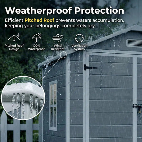 6x4.4 Ft Resin Outdoor Storage Shed With Floor Lockable Doors and Windows, showing pitched roof water runoff feature for all weather protection