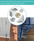 Concrete Shed Anchor Kit for Sheds and Garages with Four Steel Corner Gussets Hold Down Clips Bolts and Screws displayed