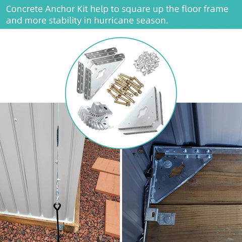 Concrete Shed Anchor Kit for Sheds and Garages with Four Steel Corner Gussets Hold Down Clips Bolts and Screws displayed