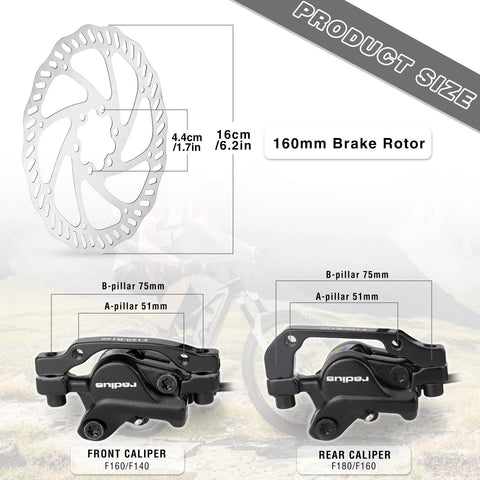 Two black hydraulic disc brake calipers with 160 mm rotors for front and rear on mountain/road bikes