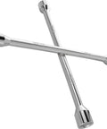 Beefy 14 Inch Heavy Duty 4 Way Lug Wrench Cross Socket Wheel Nut Key For Cars And Trucks Universal Fit Handles SAE 11/16 3/4 13/16 7/8 And Metric 17mm 19mm 21mm 22mm Chrome Plated Forged Carbon Steel cross lug wrench on white background