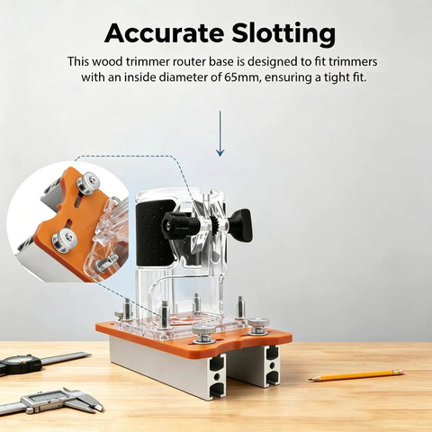 Rock Solid Wood Trim Router Base For 65mm Palm Tools Dead Nuts Precision Anti Wobble Plate, features clear plastic and orange accents.