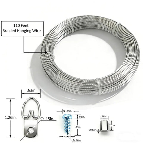 Heavy Duty Picture Hanging Wire Kit With 110 Feet Braided Wire 60 D Ring Hangers Screws And Aluminum Crimp Sleeves