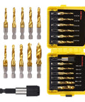 13 Piece Titanium Drill Tap Set With HSS Drill And Tap Bits SAE And Metric Plus Quick Change Adapter shown in carrying case