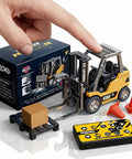 Mini RC Forklift Toy With Remote Control 2.4GHz 2 In 1 Lift Fork And Hook Truck displayed with box and accessories