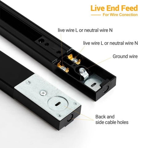 Close-up of live end feed for 26 Foot H Type Track Lighting Kit With Floating Canopy Connector In Black Finish Includes Eight 3.3 Foot Rails End