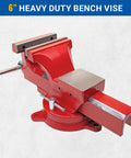 Badass 6 Inch Heavy Duty Bench Vise With Smooth 360 Degree Swivel Base And Serrated Pipe Jaws Built Tough From Rock Solid Austempered Iron, red finish.
