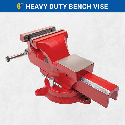 Badass 6 Inch Heavy Duty Bench Vise With Smooth 360 Degree Swivel Base And Serrated Pipe Jaws Built Tough From Rock Solid Austempered Iron, red finish.