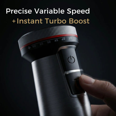 Workhorse Immersion Blender With 1200W Motor showing precise variable speed dial and turbo boost button for easy blending.