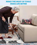 Senior woman using ergonomic lifter tool to move sofa with Super Easy Heavy Furniture Sliding Kit With Eight Premium Moving Pads And Ergonomic Lifter Tool For Sofa Fridge Machine Repositioning Without Strain.