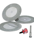 Pro Grade 3 Pack 60Mm Diamond Cutting Discs With Quarter Inch Shank Mandrel And Screwdriver for Rotary Drills, 60mm blades displayed.