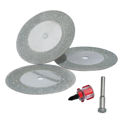 Pro Grade 3 Pack 60Mm Diamond Cutting Discs With Quarter Inch Shank Mandrel And Screwdriver for Rotary Drills, 60mm blades displayed.