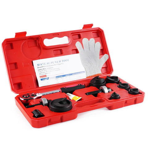 Ratchet Knockout Hole Punch Driver Kit in red case with gloves and manual, showing six punch sizes for electrical conduit work