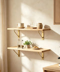 Four Pack Straight Up Premium Solid Gold Brass L Shaped Shelf Brackets With Screws Heavy Duty Decorative Wall Mount Hardware Built Tough For Your Daily Home Setup holding wooden shelves with decorative items.