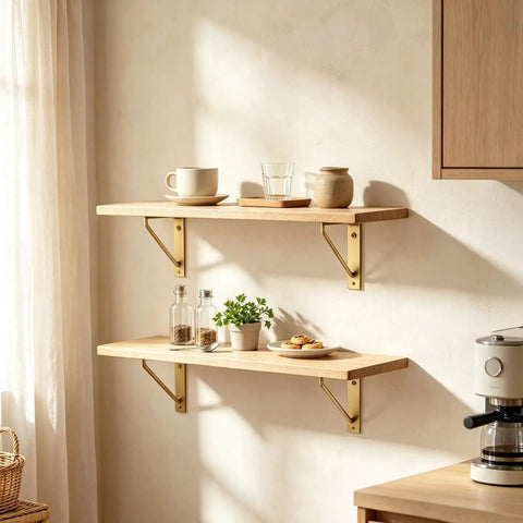 Four Pack Straight Up Premium Solid Gold Brass L Shaped Shelf Brackets With Screws Heavy Duty Decorative Wall Mount Hardware Built Tough For Your Daily Home Setup holding wooden shelves with decorative items.