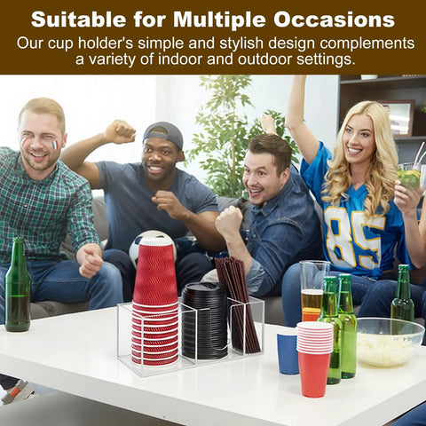 Two Pack Acrylic Coffee Cup Holder Organizer With Three Compartments For Storing Cups And Lids Countertop Dispenser Station Grab And Go Bar Kitchen Farmhouse Decor Clear next to people celebrating with drinks.
