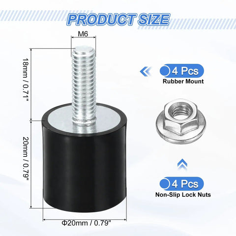 4 Pack M6 Rubber Mounts Vibration Isolators Cylindrical Shock Absorbers With Studs 20x20mm Non Slip Nuts Built To Last For Auto And Machinery Heavy Duty Dampers, 20mm black rubber mount with M6 stud and lock nut