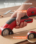 Katerk 4.4V Cordless Electric Scissors & Cardboard Cutter with safety lock and guard, user holding on cardboard surface.